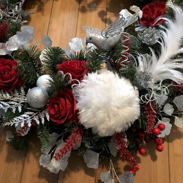 Christmas Wreath Beautiful Hand made Bridal Wedding December Red Roses & Snowball Feather flowers with feathers Silver Bird and accents 38"