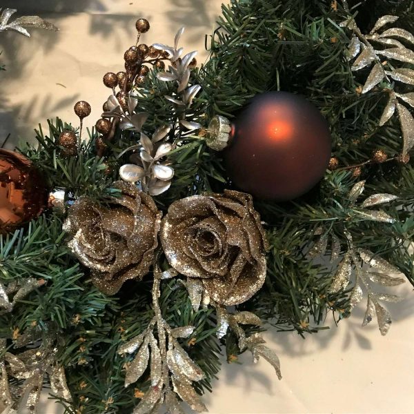 Christmas Wreath Beautiful Hand made  Copper and Taupe with light copper colored glitter roses farmhouse lodge cottage wall home decor