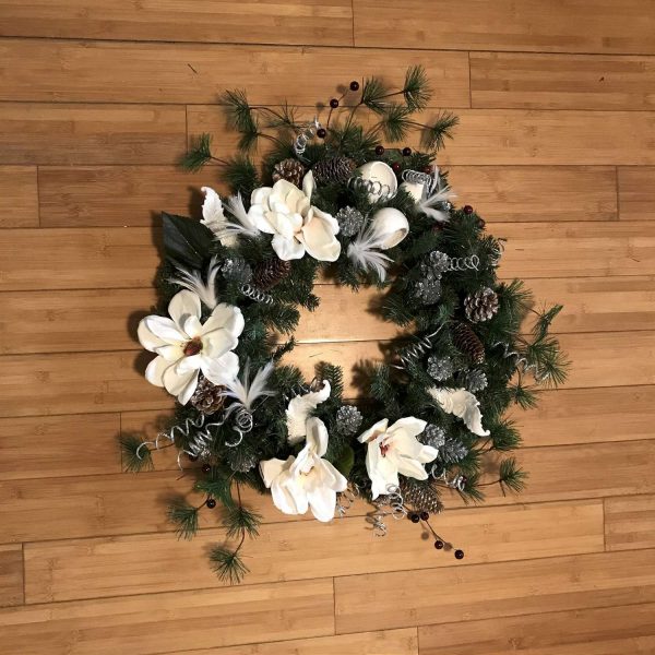 Christmas Wreath Beautiful Hand made Magnolias berries silver pine cones feathers White with silver Non traditional Holiday door wall farm