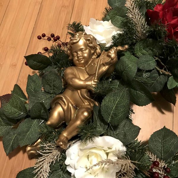 Christmas Wreath Beautiful Hand made Red and White Roses with Large Gold Cherub gold and red accents traditional farmhouse door wall holiday