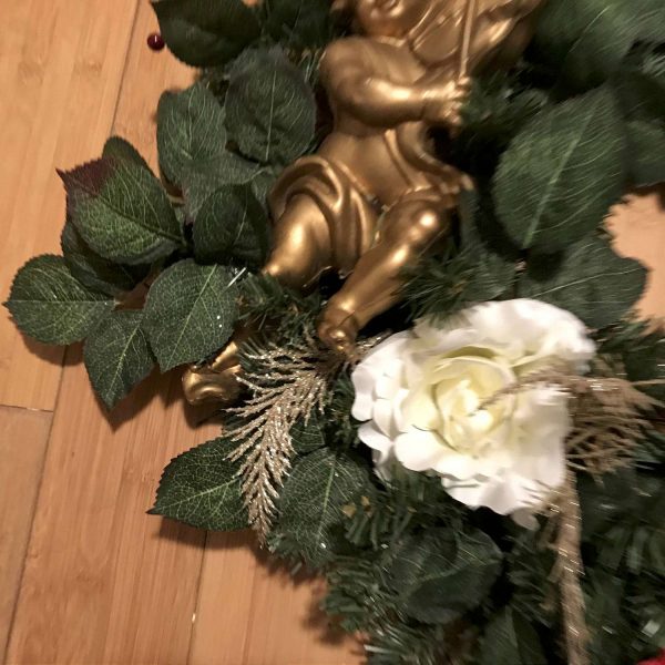 Christmas Wreath Beautiful Hand made Red and White Roses with Large Gold Cherub gold and red accents traditional farmhouse door wall holiday