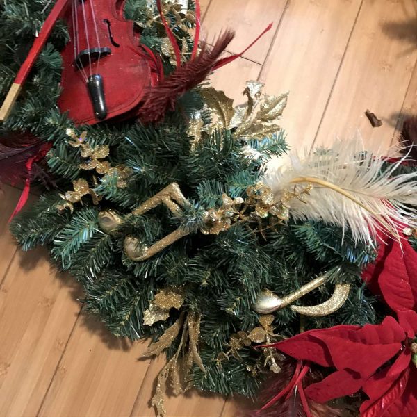 Christmas Wreath Beautiful Hand made Red Large Poinsettia with 11.5" wooden Violin Red and ivory feathers gold music notes and hymnal page