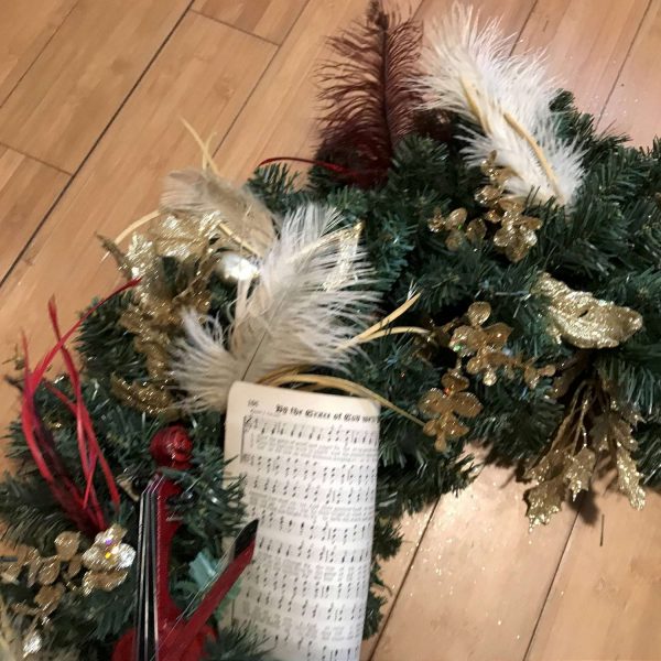 Christmas Wreath Beautiful Hand made Red Large Poinsettia with 11.5" wooden Violin Red and ivory feathers gold music notes and hymnal page