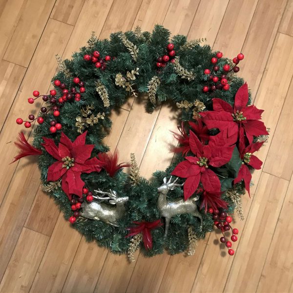 Christmas Wreath Beautiful Hand made Red Large Poinsettias Gold Deer pair at center bottom door wall farmhouse collectible decor