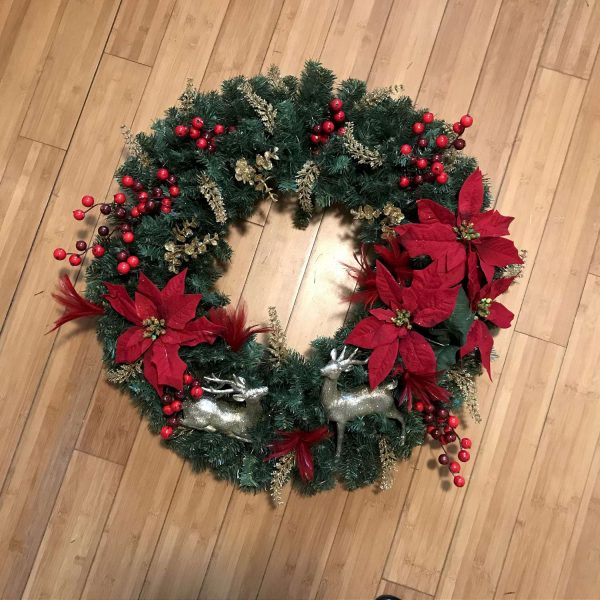 Christmas Wreath Beautiful Hand made Red Large Poinsettias Gold Deer pair at center bottom door wall farmhouse collectible decor