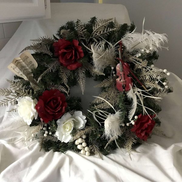 Christmas Wreath Beautiful Hand made Red Roses with White accents Violins and Feathers Music sheet non traditional farmhouse wedding holiday