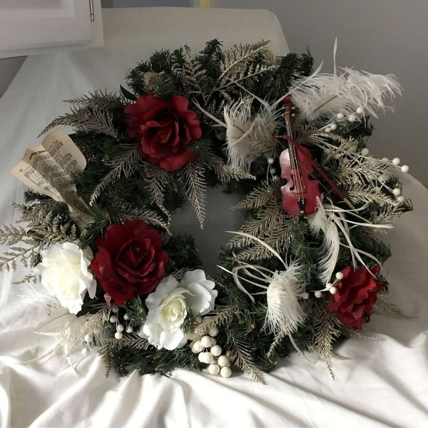 Christmas Wreath Beautiful Hand made Red Roses with White accents Violins and Feathers Music sheet non traditional farmhouse wedding holiday