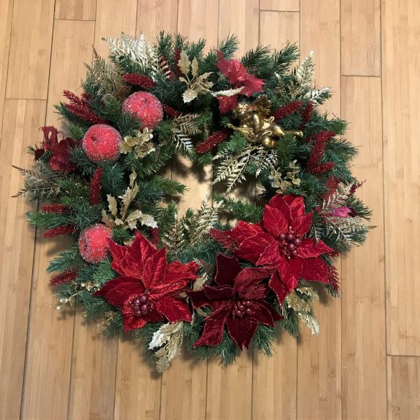 Christmas Wreath Beautiful Hand made Red Velvet poinsettias with candied fruit gold cherub and accents farmhouse lodge door wall  holiday