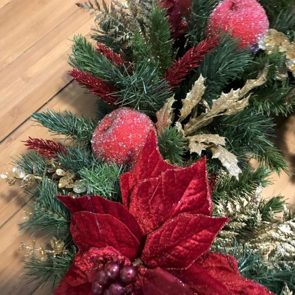 Christmas Wreath Beautiful Hand made Red Velvet poinsettias with candied fruit gold cherub and accents farmhouse lodge door wall  holiday