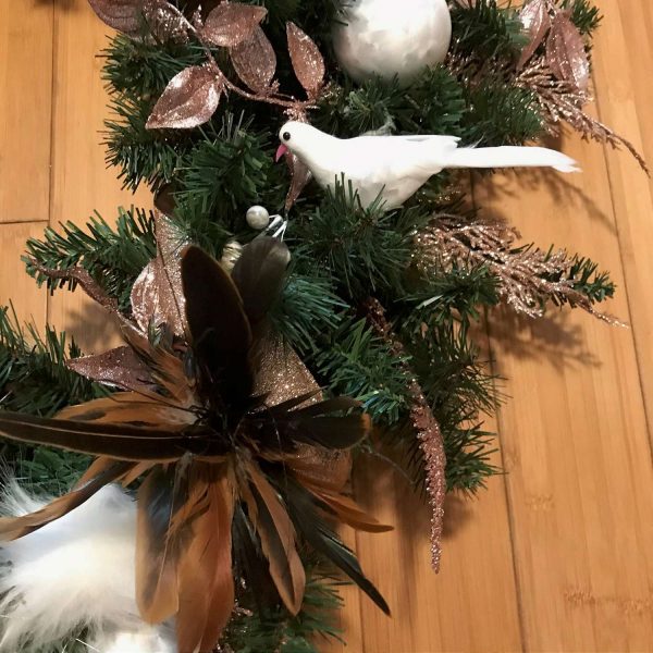 Christmas Wreath Beautiful Hand made Victorian Style with brown feathers and Pink poinsettias white feather puffs pink ribbon brown bird