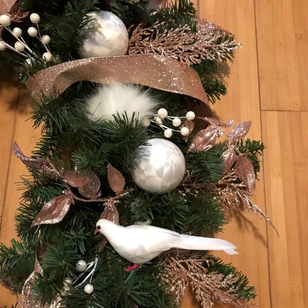Christmas Wreath Beautiful Hand made Victorian Style with brown feathers and Pink poinsettias white feather puffs pink ribbon brown bird