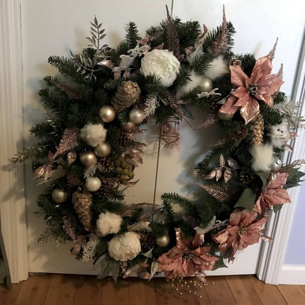 Christmas Wreath Beautiful Hand made Victorian Style with Pink poinsettias white puffs fluffy owls and a hanging pink bird in gold cage 40"