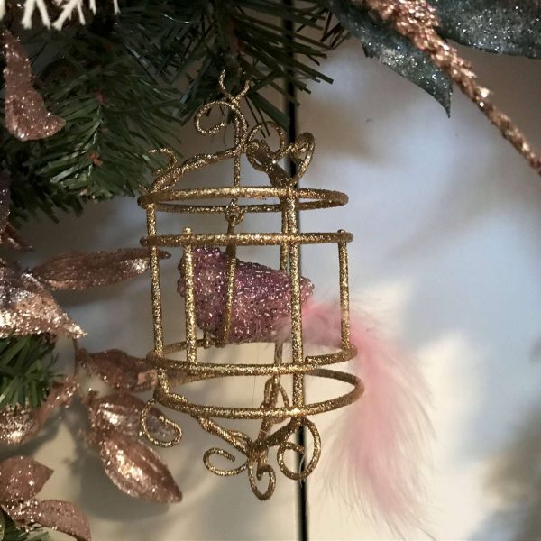 Christmas Wreath Beautiful Hand made Victorian Style with Pink poinsettias white puffs fluffy owls and a hanging pink bird in gold cage 40"