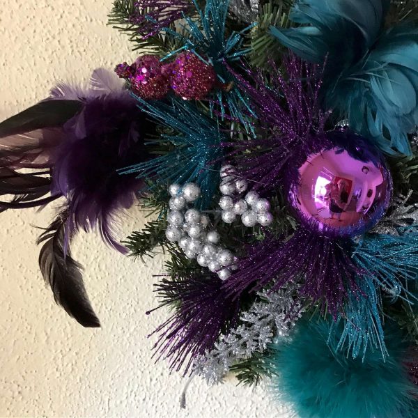 Christmas Wreath Beautiful Hand made Whimsical 26" Blue & Purple with purple and blue feather flowers Non traditional wreath hummingbird