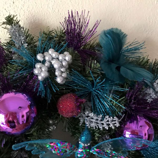 Christmas Wreath Beautiful Hand made Whimsical 26" Blue & Purple with purple and blue feather flowers Non traditional wreath hummingbird
