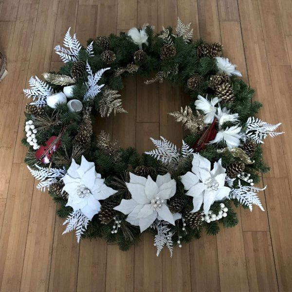 Christmas Wreath Beautiful Very Large 40" Hand made White poinsettias and accents Wooden Violins white pods gold ornaments farmhouse lodge