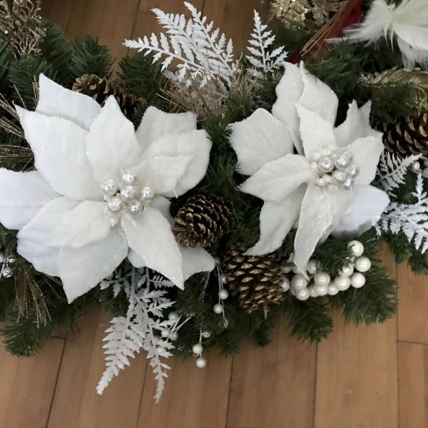 Christmas Wreath Beautiful Very Large 40" Hand made White poinsettias and accents Wooden Violins white pods gold ornaments farmhouse lodge