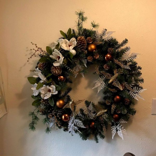 Christmas Wreath Hand made  40" across Magnolias gold birds white and gold accents Ornaments and large gold pine cones