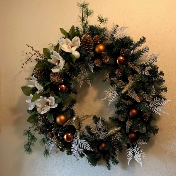 Christmas Wreath Hand made  40" across Magnolias gold birds white and gold accents Ornaments and large gold pine cones