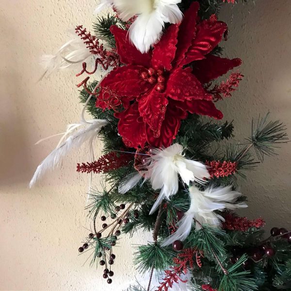 Christmas Wreath Hand made 40" Bridal Wedding December Red Velvet Poinsettias White Feather flowers red berries Red Silver Accents
