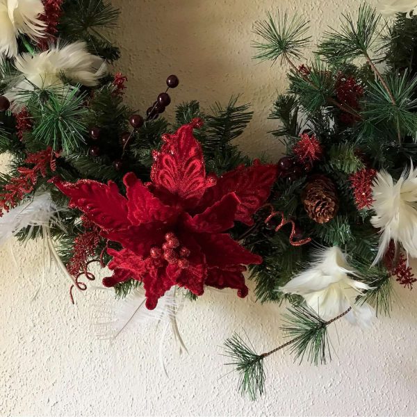 Christmas Wreath Hand made 40" Bridal Wedding December Red Velvet Poinsettias White Feather flowers red berries Red Silver Accents
