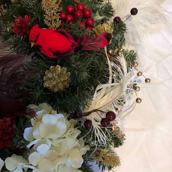 Christmas Wreath Hand made Christmas Hydrangeas Red and white feathers, gold trim, lots of berries, red cardinal farmhouse lodge cabin door