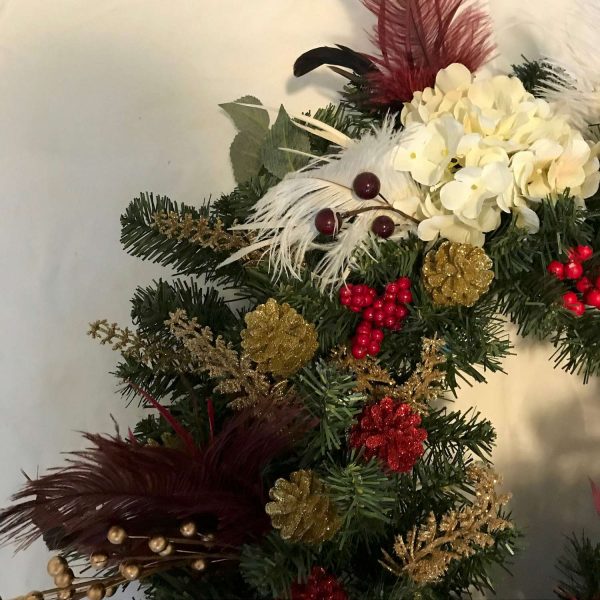 Christmas Wreath Hand made Christmas Hydrangeas Red and white feathers, gold trim, lots of berries, red cardinal farmhouse lodge cabin door