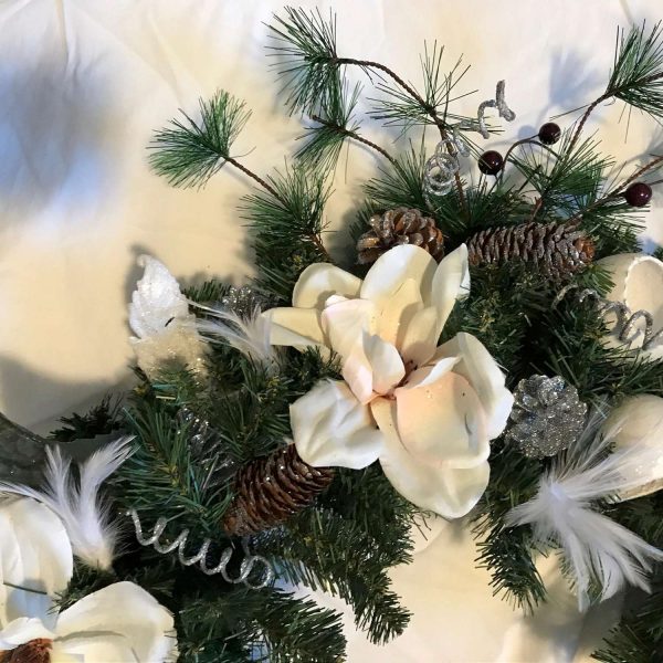 Christmas Wreath Hand made Magnolias berries silver pine cones feathers White with silver wall farmhouse lodge cabin cottage home decor