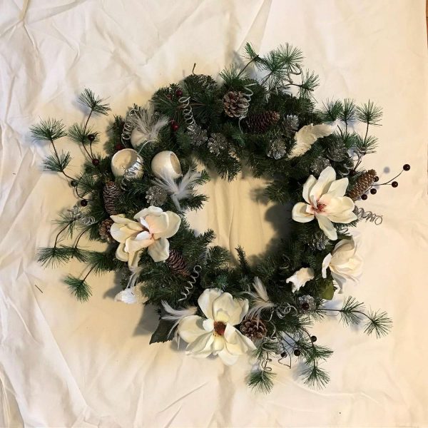Christmas Wreath Hand made Magnolias berries silver pine cones feathers White with silver wall farmhouse lodge cabin cottage home decor