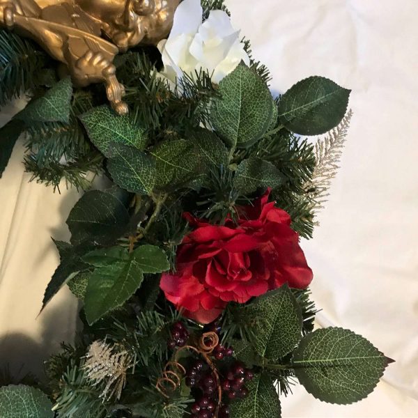 Christmas Wreath Hand made  Red and White Roses with Large Gold Cherub gold and red accents wall door farmhouse cottage cabin lodge decor