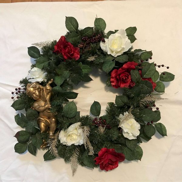 Christmas Wreath Hand made  Red and White Roses with Large Gold Cherub gold and red accents wall door farmhouse cottage cabin lodge decor