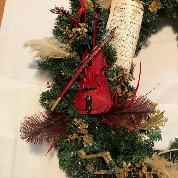 Christmas Wreath Hand made Red Large Poinsettia with 11.5" wooden Violin Red and ivory feathers gold music notes and hymnal page