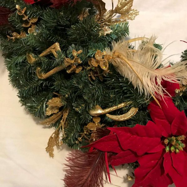 Christmas Wreath Hand made Red Large Poinsettia with 11.5" wooden Violin Red and ivory feathers gold music notes and hymnal page