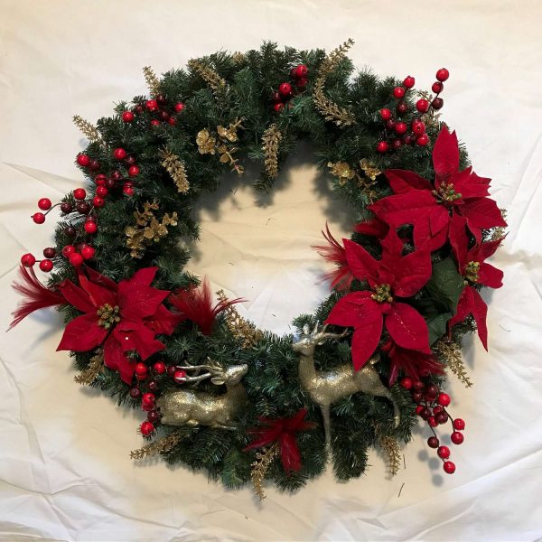 Christmas Wreath Hand made Red Large Poinsettias Gold Deer pair at center bottom farmhouse cottage holiday wall home door decor