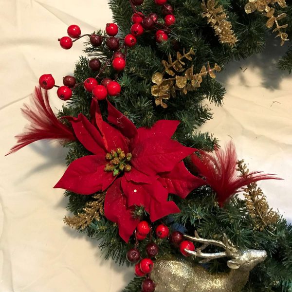Christmas Wreath Hand made Red Large Poinsettias Gold Deer pair at center bottom farmhouse cottage holiday wall home door decor