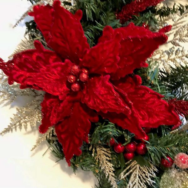 Christmas Wreath Hand made Red Large Velvet Poinsettias Gold accents with red candied berries