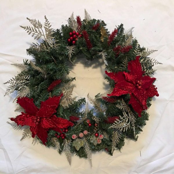 Christmas Wreath Hand made Red Large Velvet Poinsettias Gold accents with red candied berries