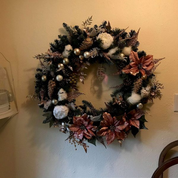 Christmas Wreath Hand made Victorian Style with brown feathers and Pink poinsettias white feather puffs pink ribbon brown bird