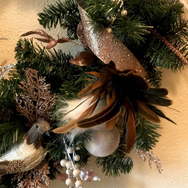 Christmas Wreath Hand made Victorian Style with brown feathers and Pink poinsettias white feather puffs pink ribbon brown bird