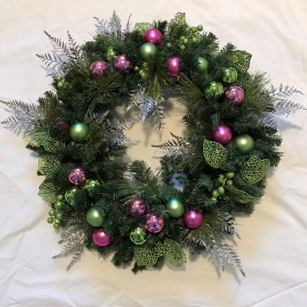 Christmas Wreath Hand made Whimsical Pink and Green with Silver Accents Non traditional wreath collectible display holiday unique wall decor