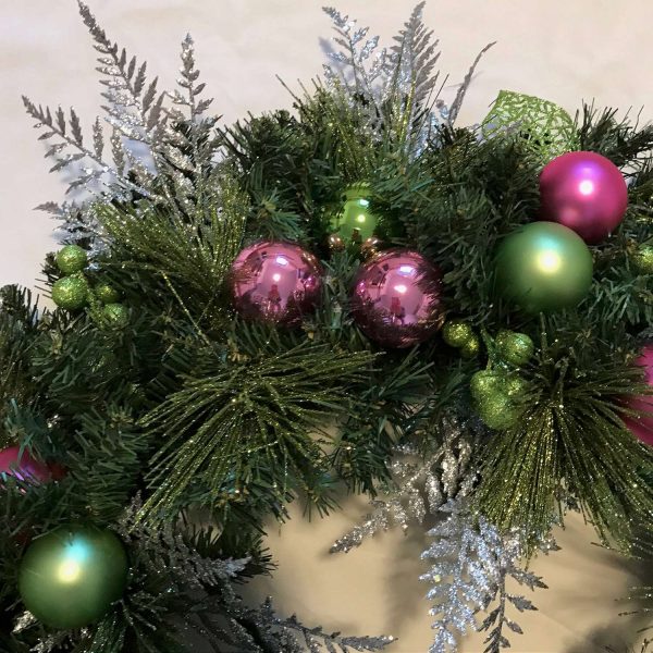 Christmas Wreath Hand made Whimsical Pink and Green with Silver Accents Non traditional wreath collectible display holiday unique wall decor