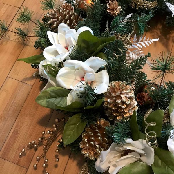 Christmas Wreath Stunning Hand made 40" across Magnolias gold birds white and gold accents Ornaments and large gold pine cones