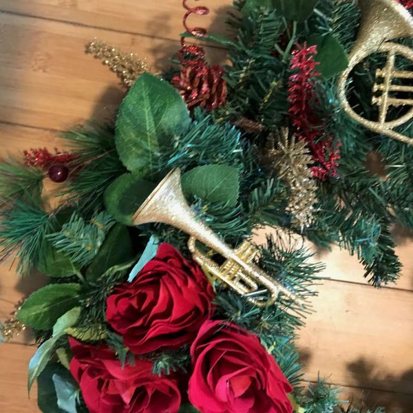Christmas Wreath Stunning Hand made red roses gold instruments red accents 26" Holiday Home Decor Wall Art Display wreath