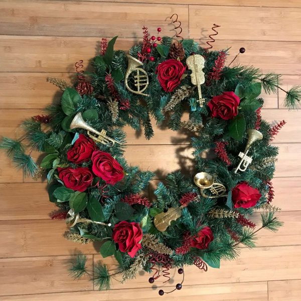 Christmas Wreath Stunning Hand made red roses gold instruments red accents 26" Holiday Home Decor Wall Art Display wreath