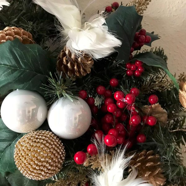 Christmas Wreath Traditional Hand made  Holiday Door Wall Decor Red Gold Green with White Feather flowers pine cones and more