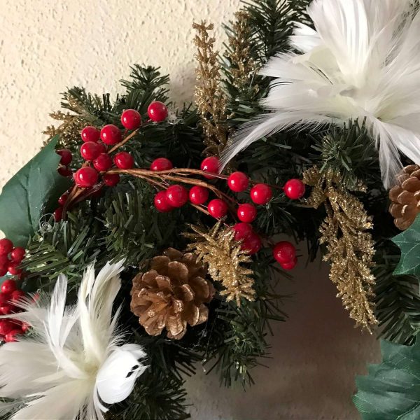 Christmas Wreath Traditional Hand made  Holiday Door Wall Decor Red Gold Green with White Feather flowers pine cones and more