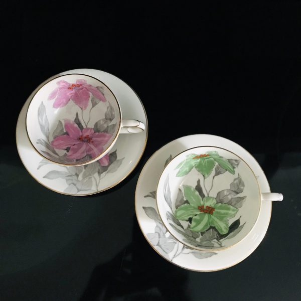 Clarence and Windsor tea cup and saucer PAIR England Fine bone china Green & Pink Trillium with Orange centers gray leaves collectible