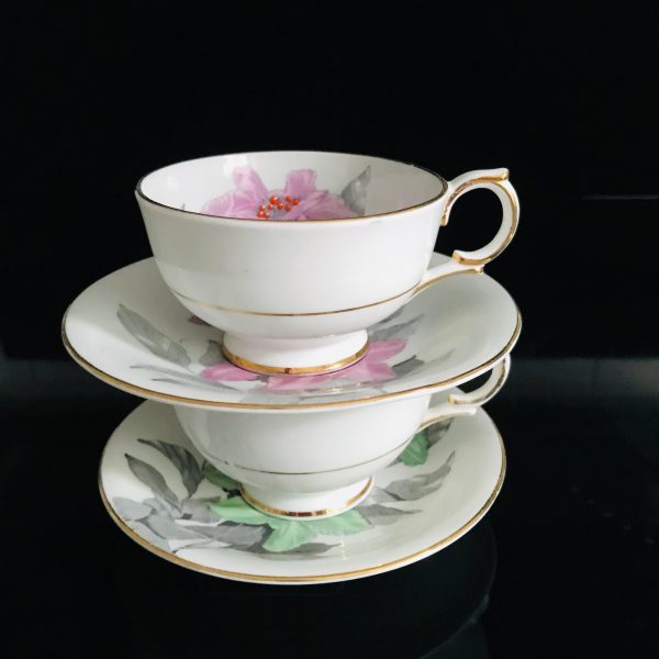 Clarence and Windsor tea cup and saucer PAIR England Fine bone china Green & Pink Trillium with Orange centers gray leaves collectible