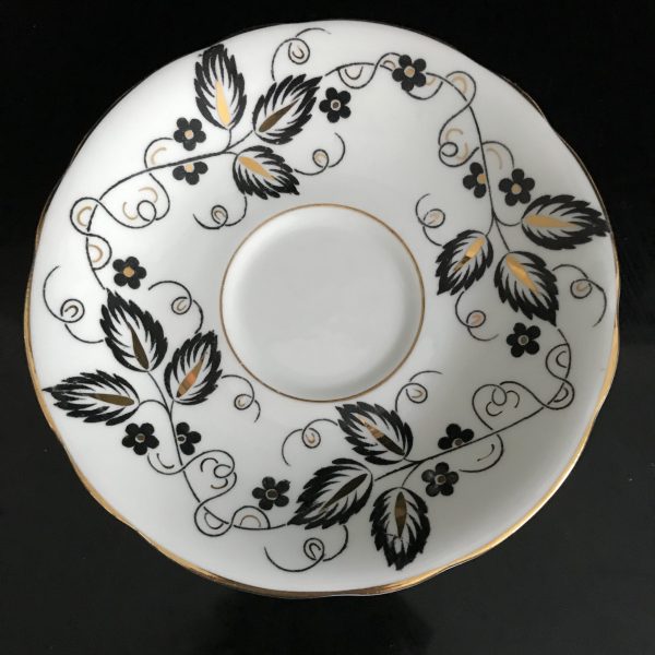 Clarence tea cup and saucer England Fine bone china Art Deco Black & Gold Leaves heavy gold trim farmhouse collectible display coffee