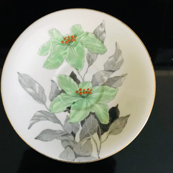 Clarence tea cup and saucer England Fine bone china Green & Orange Flowers with gray leaves gold trim farmhouse collectible display coffee